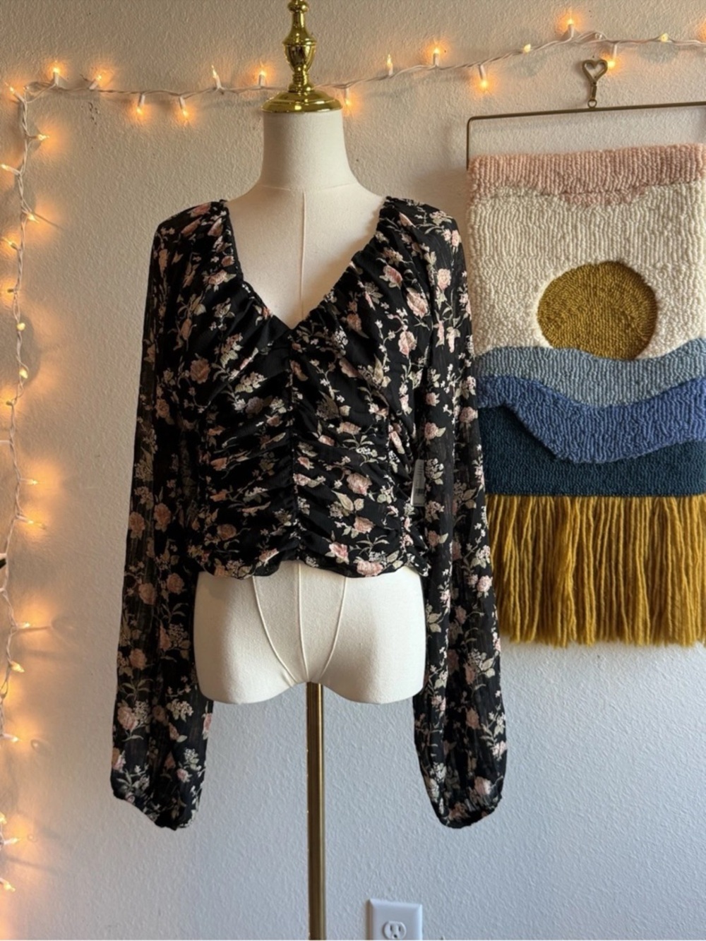NWT Free People New Final Rose Floral Boho Festival Blouse Top Black Size L
